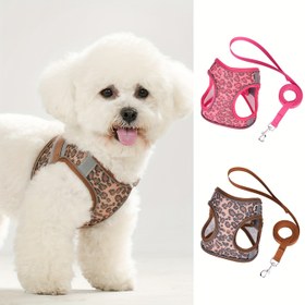 Resim Kediler ve Köpekler için Klasik Leopar Desenli Yelek Stili Evrensel Kemer Takımı, 1.5 Metre Uzunluğunda Tasma ve Yüksek Nefes Alabilen İplikli Örgü, Yaz Aylarında Evcilleri Serin Tutar. Yüksek Kaliteli Evcil Hayvan Ekipmanı 