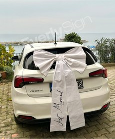 Resim Everly Sign Kişiselleştirilmiş Dev Fiyonk - Baskılı Metinli Özel Keten Araba Kurdelesi - Düğün, Nişan 