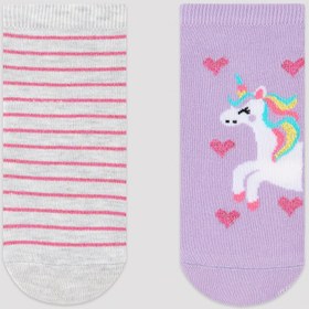 Resim Penti Kız Çocuk Lila Unicorn Kalp Desenli 2li Patik Çorap 
