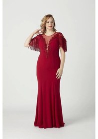 Resim Moda Berray 8009 Işlemeli Püsküllü Büyük Beden Uzun Abiye Kırmızı Kırmızı 