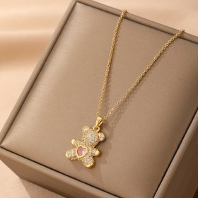 Resim Kadınlar için Vintage Şık Hip-Hop Trendy Çok Yönlü Günlük Sokak Giysisi Parti Kıyafeti ile Altın Kaplama Paslanmaz Çelik Zincir ve Pembe Ayı Kolye, 