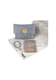 Resim Seccade + Tesbih + Yasin Hediye Seti Çanta Boy, Şantuk Kese, Gri 