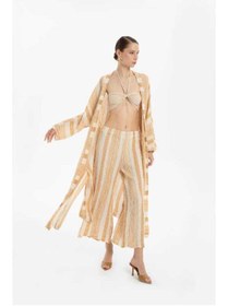 Resim İpekçi Otantik Çizgili Etamin Dokulu Kimono Hardal 