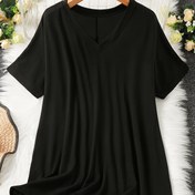 Resim Kadınların Büyük Beden V Yaka Kısa Kollu T-Shirt - Ruched Detaylı, Siyah, Nefes Alabilen Polyester Kumaş, Rahat Kesim, Rahat Kıyafetler İçin, Yaz Rahat Kıyafetleri | Rahat Kesim Üst | İnşaat 