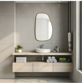 Resim 40x64 Cm Modern Organik Form Banyo Aynası Altın Çerçeveli Asimetrik Duvar Aynası Minimalist Şık Dekor Ayna Altın 