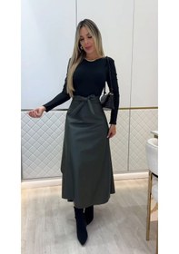 Resim Kadın Belden Kuşaklı Uzun Deri Etek Siyah 