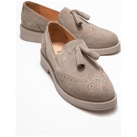 Resim Alex Bej Süet Hakiki Deri Püsküllü Lastikli Kadın Loafer Ayakkabı Bej Süet 