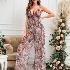 Resim Kadınlar için Seksi Çiçeksiz Baskıl Pijama Takım - Strapless V-Yaka Üst & Geniş Paça Smok Kapatmalı Şalvar, Yumuşak Hafif Kumaş, İlkbahardan Sonbahara Rahat, Șık 