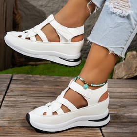 Resim Şık Yazlık Kadın Beyaz Platform Sandalet Çifti - Rahat Kalın Tabanlı Kama Topuklu, Kolay Cırt Cırt Kayışlı, Sahte Kaplama, Kauçuk Tabanlı, Kaymayı Artıran, Kayışlı Sandaletler 