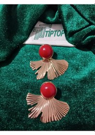 Resim Tiptop/ Bordo Mineli Gold Yaprak Küpe Altın - Kırmızı 