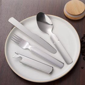 Resim Bıçak, Çatal & Kaşık İçeren Paslanmaz Çelik Dış Mekan Yemek Takımı - Şişe Açacağı, Taşınabilir Kamp & Seyahat Mutfak Gereçleri Depolama Çantası ile 