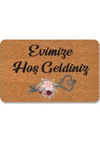 Resim Dijital Baskılı Hoş Geldiniz Yazılı Çiçek Desenli Kapı Önü Paspası İç Ve Dış İçin Yıkanabilir Kaymaz Bej - Siyah 