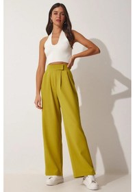 Resim Trend Alisse Kadın Yağ Yeşili Beli Cırt Cırtlı Pileli Bol Paça Palazzo Pantolon Wide Leg Yeşil 