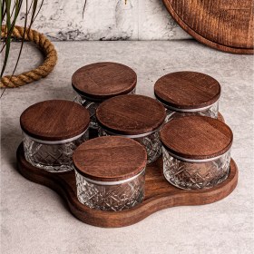 Resim Snippy Milla Yıldız Tepsili 6'lı Ahşap Vakumlu Kapaklı Cam Kahvaltılık Çok Amaçlı Cam Çerezlik 230 ml 