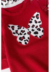 Resim Babymod Kelebek İşlemeli Leopar Desenli 2'Li Uzun Kollu Pamuklu Kız Bebek Tulum Takım 001 
