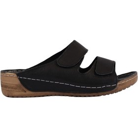 Resim Ayarlanabilir Çift Bantlı Hakiki Deri Ortopedik Rahat Taban Kadın Terlik Napa-232 Siyah 