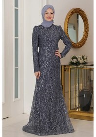 Resim Raika Moda Büyük Beden Gliten Tesettür Abiye Tuana Antrasit 