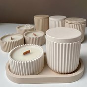 Resim Oval Tepsi ile 4 Parça Silikon Mum Kavanozu Kalıbı Seti - Kendin Yap Ev Dekoru El Yapımı Alçı ve Beton Saksı Mumluk El Sanatları Kiti, Çizgili Depolama Saksı Tasarımı - Güçsüz Mum Kalıplama Malzemeleri 