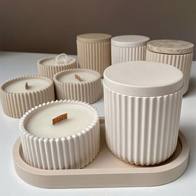 Resim Oval Tepsi ile 4 Parça Silikon Mum Kavanozu Kalıbı Seti - Kendin Yap Ev Dekoru El Yapımı Alçı ve Beton Saksı Mumluk El Sanatları Kiti, Çizgili Depolama Saksı Tasarımı - Güçsüz Mum Kalıplama Malzemeleri 