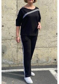 Resim Mia Butik Büyük Beden Siyah Tek Omuz Dekolteli Eşortman Takım Siyah-beyaz 