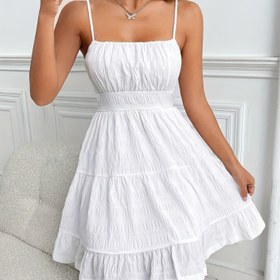 Resim Kadınların Açık Mavi Ruched Mini Elbisesi, Askısız Yaka ve Katmanlı Tasarım - Kısa Kollu, Akışkan A-Line Etek, Bahar/Yaz/Sonbahar için, Rahat Semi-Formel Giyim, Rahat Yaz Elbisesi | Ruched Dokulu Elbise | Polyester Kumaş 