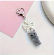 Resim Cloud011 Gray Love Kedi Y2k Tarzı Kalp Kurdeleli Kabarık Anahtarlık Çanta Aksesuarı 