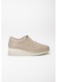 Resim Dilimler Ayakkabı Hakiki Deri Ortopedik Kadın Dolgu Topuklu Ayakkabı Bej Elastik Bağcıklı-3301 Bej 