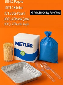 Resim Metler 6'lı Piknik Seti | Peçete Kürdan Çatal Kaşık Çöp Poşeti Alüminyum Folyo Tepsi Kamp Piknik Malzemesi 