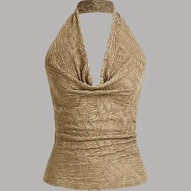 Resim Kadınların Seksi Halter Yaka Kolsuz Üst - Ruched Tasarım, Bej, Esnek Polyester Karışımı, Yaz için Mükemmel, Rahat Formal Giyim, Formal Giyim | Ruched Dokulu | Yapı, Kolsuz Üstler 