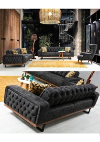 Resim Enisa Chester Koltuk Takımı 3+3+1 & Genişleyebilir Kapitoneli Koltuk Siyah 