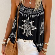 Resim Kadın Boho Chic Yaz Atleti - Siyah Çiçek Desenli Kolsuz Cami, Fringe Detaylı, Hafif Polyester Tatil ve Günlük Kıyafetler için, Plaj Kapak | Çiçek Desenli Üst | Polyester Kumaş 