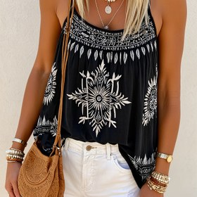 Resim Kadın Boho Chic Yaz Atleti - Siyah Çiçek Desenli Kolsuz Cami, Fringe Detaylı, Hafif Polyester Tatil ve Günlük Kıyafetler için, Plaj Kapak | Çiçek Desenli Üst | Polyester Kumaş 