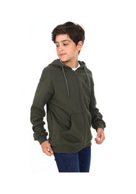 Resim Toontoy Kids Toontoy Erkek Çocuk Kapüşonlu Fermuarlı Cepli Düşük Omuz Baskılı Örme Hırka - 3 İplik Şardonsuz Haki 