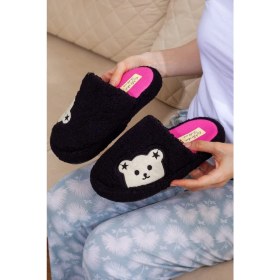 Resim Kadın Peluş Tüylü Ev Terliği, Ayıcık Desenli Ev Terliği, Sessiz Taban Terlik 