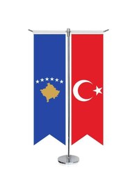Resim Kosova Cumhuriyeti Bayrağı Ve Türkiye - Kırlangıç - Saten T Direk 2li Masa Bayrağı 1 