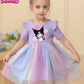 Resim Sanrio Kızları'nın Şık Mor for kuromi Baskılı Midi Elbisesi, Fileli Payetli Yıldız ve Ay Prenses Etek - Kısa Kollu, Yuvarlak Yaka, Esnek Kumaş, Bahar, Rahat ve Resmi Durumlar, Oyunlu Prenses Elbisesi, Bahar Kıyafeti, Rahat Uygunluk 