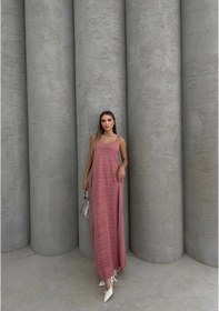 Resim Piliseli Uzun Elbise Pembe 