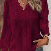 Resim Büyük Beden - Büyük Beden - Büyük Beden - Kadın Büyük Beden Şık V Yaka Uzun Kollu Bluz - Düğmeli, Esnemeyen Düz Renk Üst, Günlük Giyim ve Her Mevsim Kullanıma Uygun Çok Yönlü Gömlek 