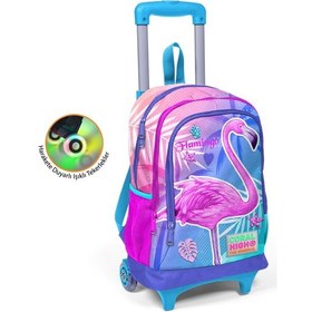 Resim Coral High Kids Lavanta Pembe Flamingo Desenli Üç Bölmeli IşıkIı Tekerlekli Çekçek Sırt Çantası 23905 
