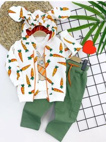 Resim 9-12-18-24 Ay Havuçlu Kulaklı Kapşonlu Fermuar Kapamalı 3lü Erkek Bebek Takımı 001 