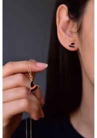 Resim Papatya Silver 925 Ayar Gümüş Gold Kaplama Siyah Mineli Cadılar Bayramı, Cadı Şapkası Küpe ve Kolye Set 