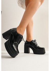 Resim Audrina Siyah Rugan Bağcıklı Topuklu Platformlu Kadın Ayakkabı 001 