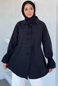 Resim Kadın Bel Bağcıklı Tesettür Gömlek Siyah TZL-P-00021348 