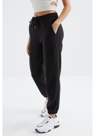 Resim Siyah Yüksek Bel Basic Bağcıklı Jogger Polar Kadın Eşofman Alt - 94622 Siyah 