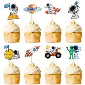 Resim 8 adet, Dış Uzay Cupcake Topperları Uzay Astronot Cupcake Picks Roket Gezegen Ay Yolculuğu Kek Süslemeleri Dış Uzay Astronot Temalı Bebek Duşu Doğum Günü Partisi Süslemeleri Malzemeleri için 