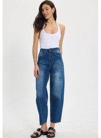 Resim Tudors Kadın Relax Fit Rahat Kesim %100 Pamuk Cepli Geniş Paça Lacivert Jean Kot Pantolon-50730 