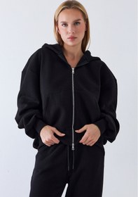 Resim Kadın Oversize Eşofman Takımı Zip Siyah - Fermuarlı, Kapüşonlu, Bol Paça, 3 İplik Şardonlu Polar - L / SİYAH 
