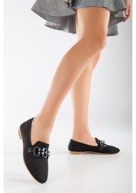 Resim Triko Zincir Detaylı Yuvarlak Burun Siyah Kadın Babet-2540 Siyah 