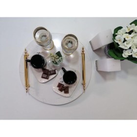 Resim Başakmarble Kuvars Mermer Yuvarlak Kahve Sunum Tepsisi-metal Gold Kulp 