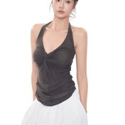 Resim Kadınlar İçin V Yaka Düğümlü Halter Üst - Yazlık Asimetrik Esnek Slim Fit Tank, Makinede Yıkanabilir Şık Günlük ve İş Kıyafetleri için Çok Amaçlı Giyim, Modern Moda, Dayanıklı Yapım 
